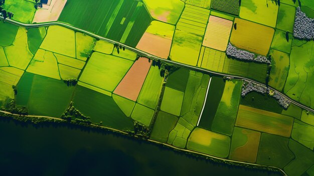 Uma vista aérea vibrante de terras agrícolas verdes e exuberantes, perfeita para anúncios de agronegócios