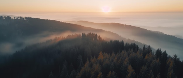 Uma vista da altura de um pico de montanha com árvores verdes no nevoeiroVista aérea Tiro panorâmico Generative AI