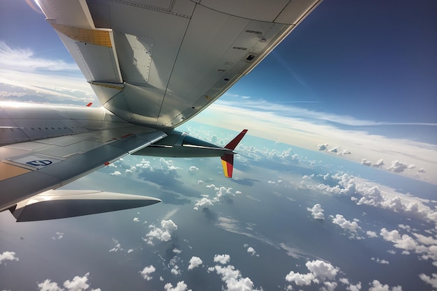 Uma vista da asa de um avião através de uma janela