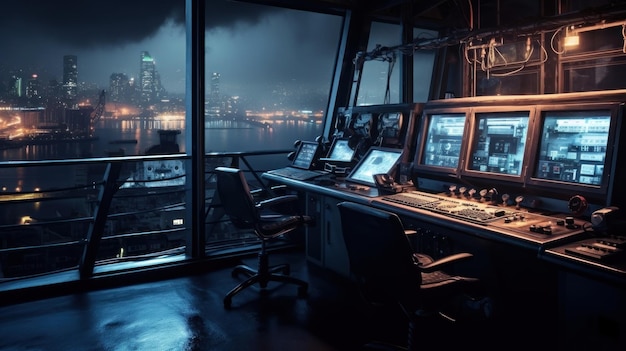 uma vista da cidade a partir da cabine de um navio com o horizonte da cidade ao fundo.