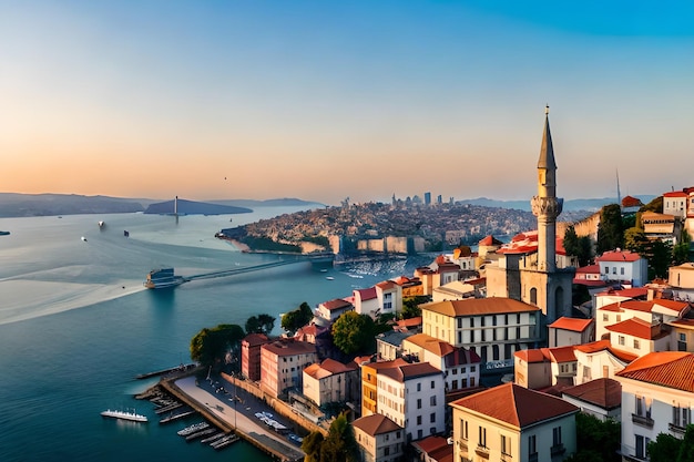 Uma vista da cidade de istambul com uma ponte ao fundo