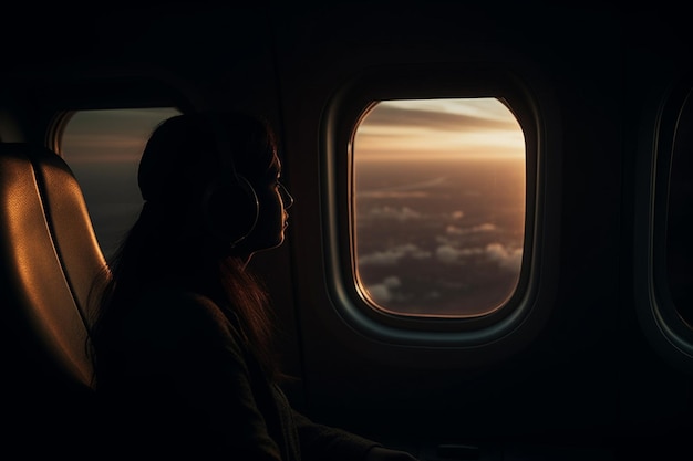 Uma vista da janela de um avião voando sobre o solo vista sobre um abismo voando Bela vista panorâmica do pôr do sol através da janela da aeronave Savepath de imagem para janela de avião Generative AI