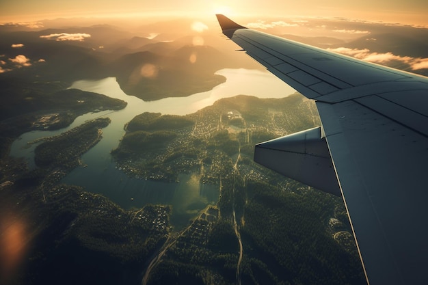 Uma vista da janela de um avião voando sobre o solo vista sobre um abismo voando Bela vista panorâmica do pôr do sol através da janela da aeronave Savepath de imagem para janela de avião Generative AI