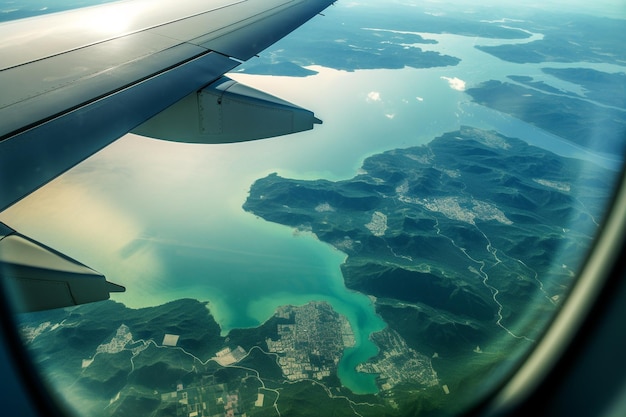 Uma vista da janela de um avião voando sobre o solo vista sobre um abismo voando Bela vista panorâmica do pôr do sol através da janela da aeronave Savepath de imagem para janela de avião Generative AI
