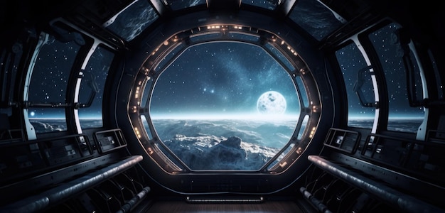 Uma vista da janela de um planeta com a lua ao fundo