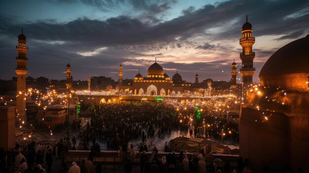uma vista da mesquita à noite.