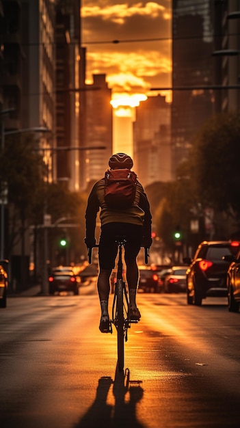 Foto uma vista da parte de trás de um ciclista na cidade