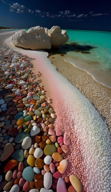 Uma vista da praia com rochas e água generativa ai