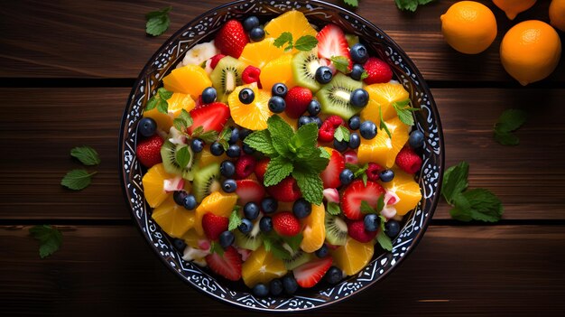 Foto uma vista de alto ângulo de uma salada de frutas vibrante