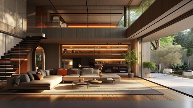 Uma vista de apartamentos modernos e luxuosos do interior onde o conforto e a tecnologia esperam para receber