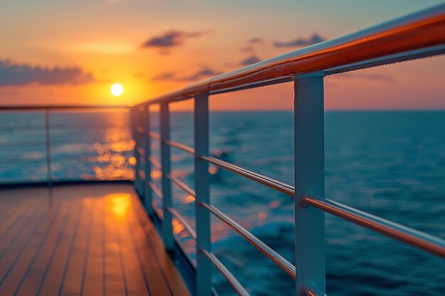 Foto uma vista de balcão de um navio de cruzeiro de luxo de perto com uma bela paisagem de pôr-do-sol e grande espaço para texto ou fundo de publicidade de produto ia geradora