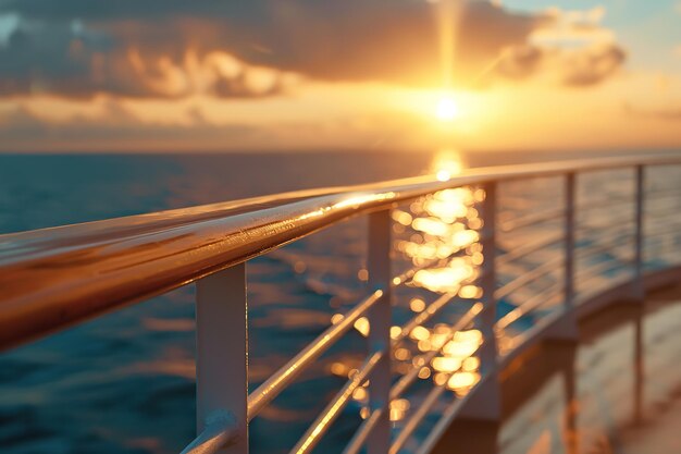 Uma vista de balcão de um navio de cruzeiro de luxo de perto com uma bela paisagem de pôr-do-sol e grande espaço para texto ou fundo de publicidade de produto IA geradora
