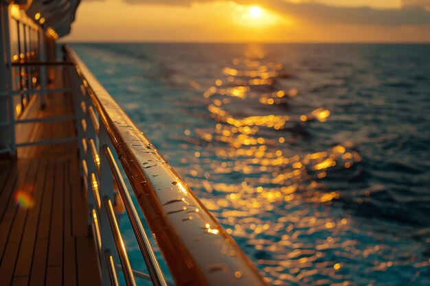 Foto uma vista de balcão de um navio de cruzeiro de luxo de perto com uma bela paisagem de pôr-do-sol e grande espaço para texto ou fundo de publicidade de produto ia geradora