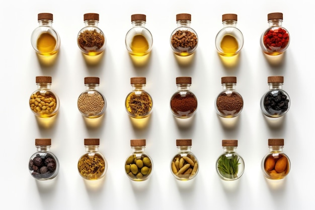 Uma vista de cima de uma coleção de óleos essenciais dispostos em uma mesa de pedra branca Ideal para promover aromaterapia e remédios naturais IA generativa