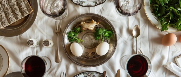 Uma vista de cima para baixo de um prato de seder de Páscoa cercado por elegantes utensílios de mesa, ovos de salsa e um copo de vinho evocando um ambiente cerimonial