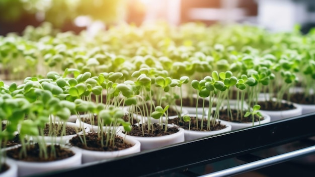 Uma vista de cima para baixo de uma configuração compacta de microgreens hidropônicos mostrando as técnicas modernas usadas para