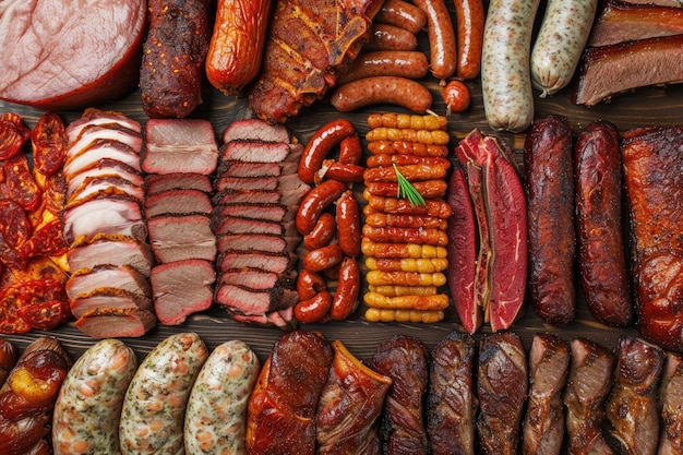 Uma vista de cima para baixo de uma deliciosa variedade de carnes criando um cenário apetitoso