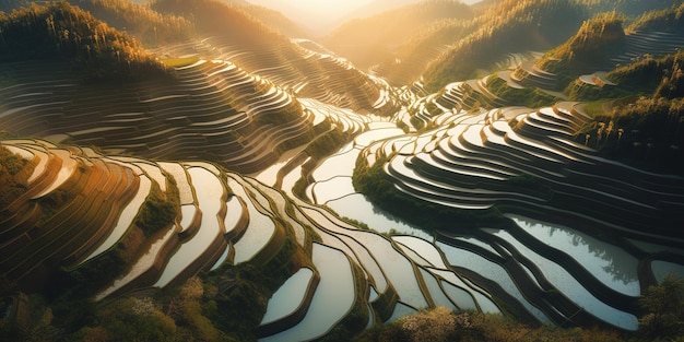 uma vista de pássaro de campos de arroz construídos na encosta da montanha