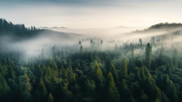 Uma vista de pássaro de uma floresta de pinheiros