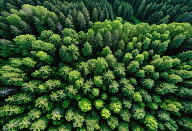 Uma vista de pássaros de uma floresta densa com árvores de madeira escura