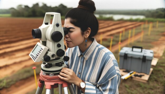 uma vista de perto de um agrimensor uma mulher de ascendência hispânica usando um teodolito para medir ângulos