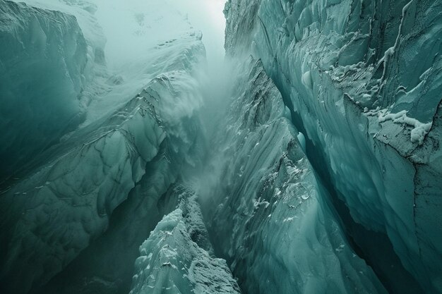 Uma vista de perto de um glaciar, fendas e seracs generativos ai