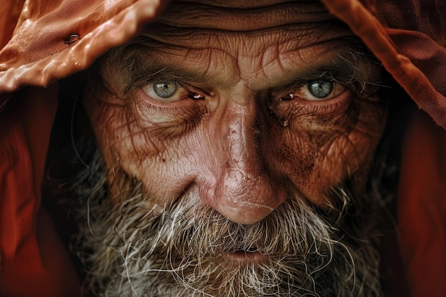 Uma vista de perto de um homem com barba e olhos azuis Um homem com um rosto desgastado e olhos sábios