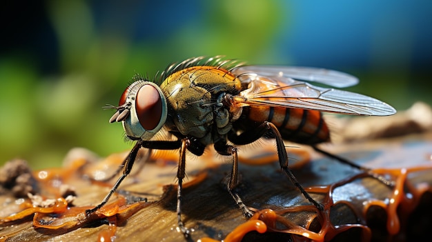 Uma vista de perto de uma mosca pousando em uma folha Foco seletivo no olho vermelho da mosca IA geradora