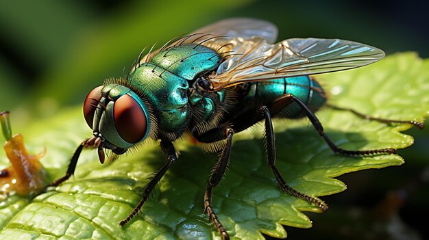 Uma vista de perto de uma mosca pousando em uma folha Foco seletivo no olho vermelho da mosca IA geradora