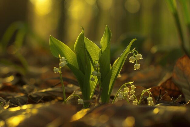 Uma vista de perto de uma planta com pequenas flores especificamente lírios perfumados do vale quebrando o solo mostrando sua beleza delicada