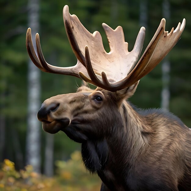 Foto uma vista de um alce canadense do lado inferior direito ao olhar para o céu gerado pela ia