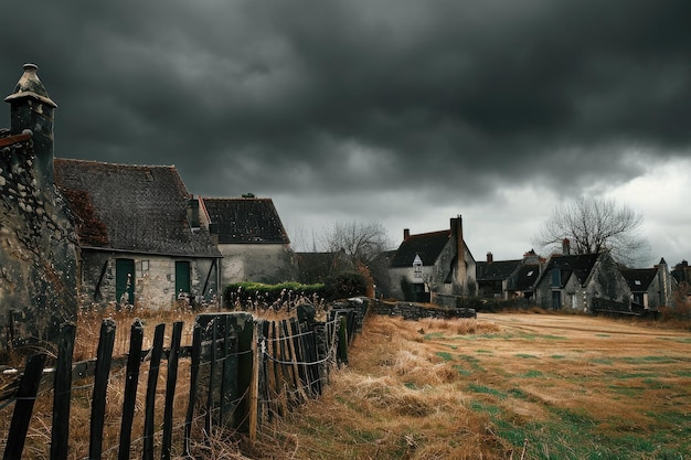 Uma vista de um campo com uma cerca e várias casas ao fundo céus sombrios sobre uma cidade rural abandonada AI Gerado