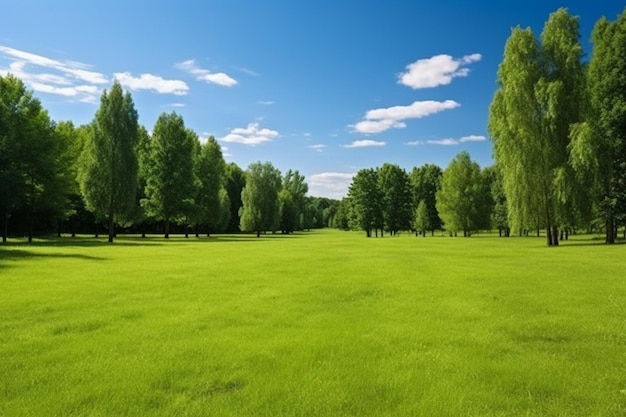 uma vista de um campo verde com árvores e um céu azul gerador de IA