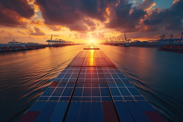 Foto uma vista de um convés de um navio de carga equipado com painéis solares que capturam energia renovável enquanto navega para o pôr-do-sol radiante sobre o oceano conceito de carga de navegação industrial