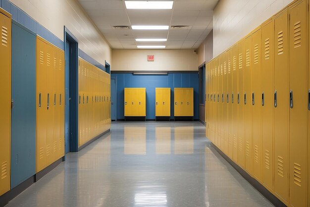 Uma vista de um corredor da escola secundária mostrando os armários amarelos dos alunos