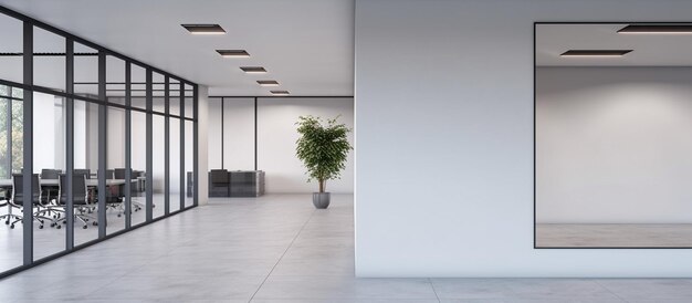 uma vista de um grande escritório aberto com uma planta em um vaso gerador de IA