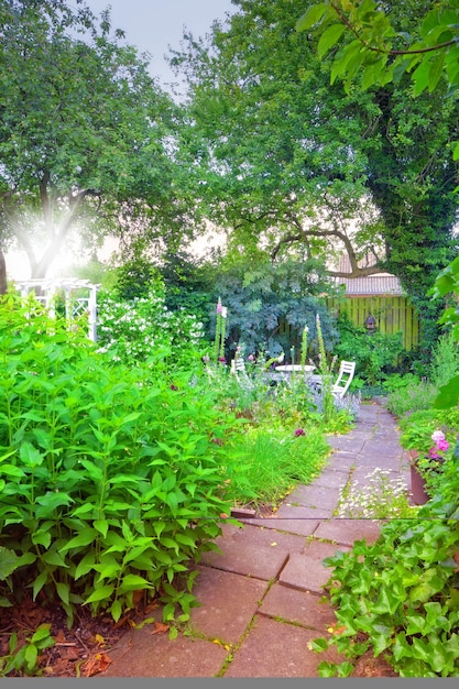 Uma vista de um quintal de uma casa com o caminho para o jardim paisagem jardim flor com plantas em um quintal de lazer e árvores em um dia de verão Área de estar no quintal com cadeira e mesa