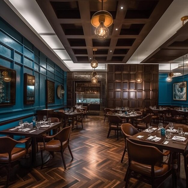 Foto uma vista de um restaurante com um chão de madeira e paredes azuis