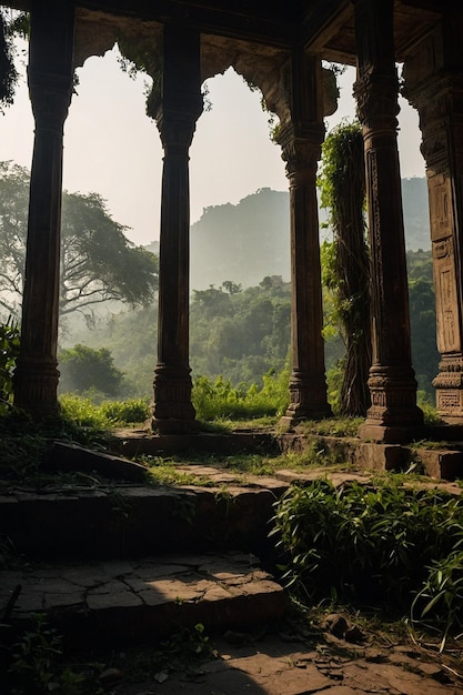 Foto uma vista de um templo com árvores no fundo