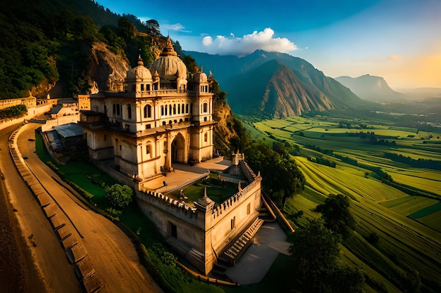 Uma vista de um templo nas montanhas