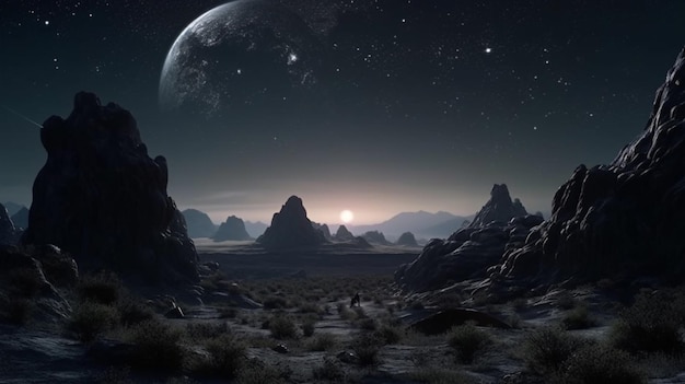 uma vista de uma área desértica com uma lua e um céu distante gerador de IA