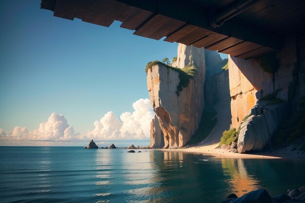 Uma vista de uma caverna com vista para o oceano.