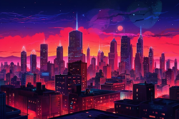 Uma vista de uma cidade à noite com um céu vermelho brilhante generativo ai