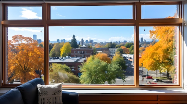 uma vista de uma cidade a partir de uma janela Vista da janela da universidade