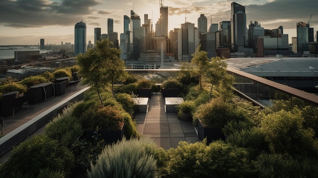 Uma vista de uma cidade a partir do telhado de um edifício com telhado verde e plantas.