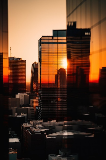 Uma vista de uma cidade ao pôr do sol a partir de uma imagem de ai generativa de construção de arranha-céus