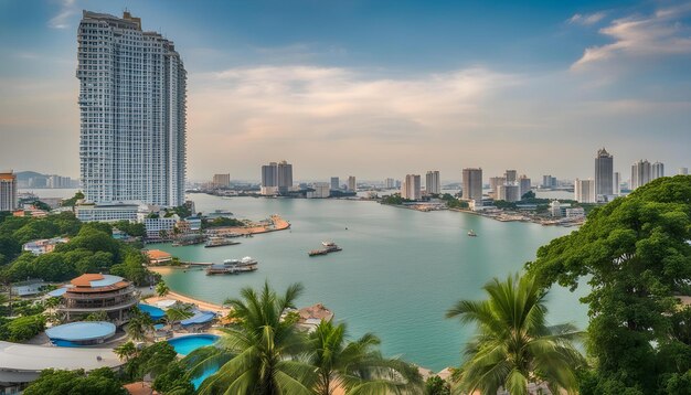 uma vista de uma cidade do topo de um edifício com um barco na água