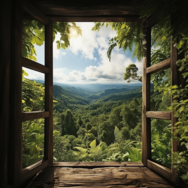 Foto uma vista de uma floresta verde exuberante de uma janela de uma cabana generativa ai