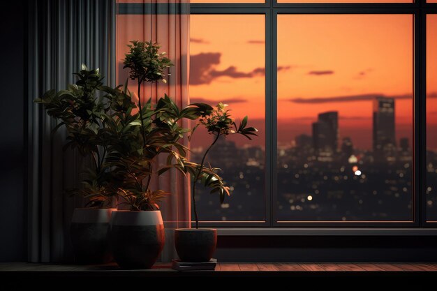 Foto uma vista de uma grande cidade à noite de uma grande janela com plantas de casa em um peitoril de janela