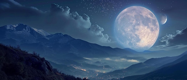 uma vista de uma lua cheia sobre uma cordilheira